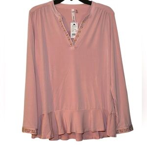 NWT NY Collection Zephyr V Neck Ruffled Hem Blouse Embellished Cuffs Neckline PL